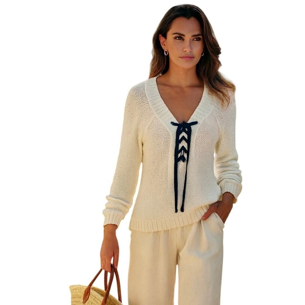 WOODEN SHIPS Women's Lace Up Cotton Blend Pullover Sweater White Extra Small